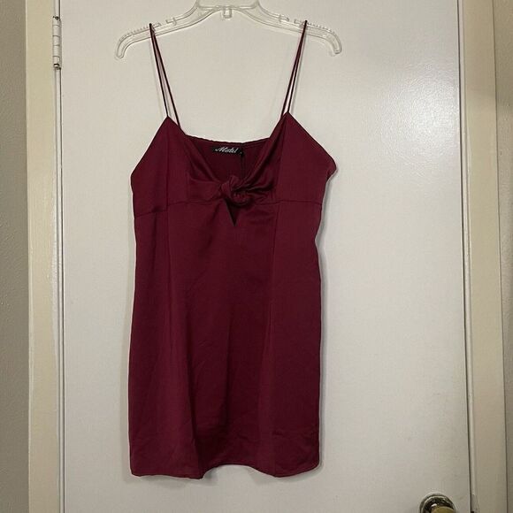 NEW! Motel Rocks roppan slip burgundy tie front mini slip dress size Large - Picture 3 of 7
